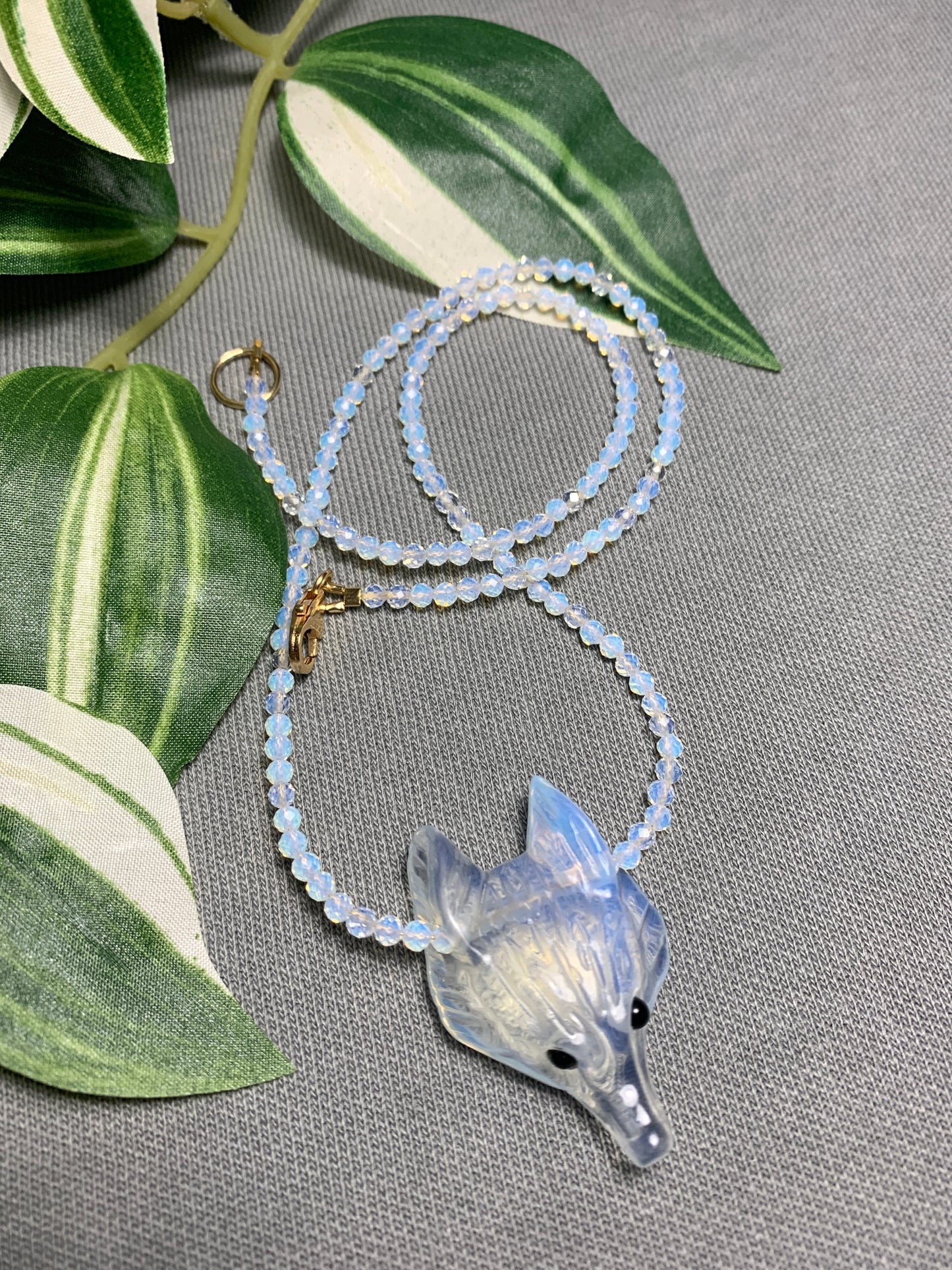 Opalite Wolf Gemstone Pendant Necklace