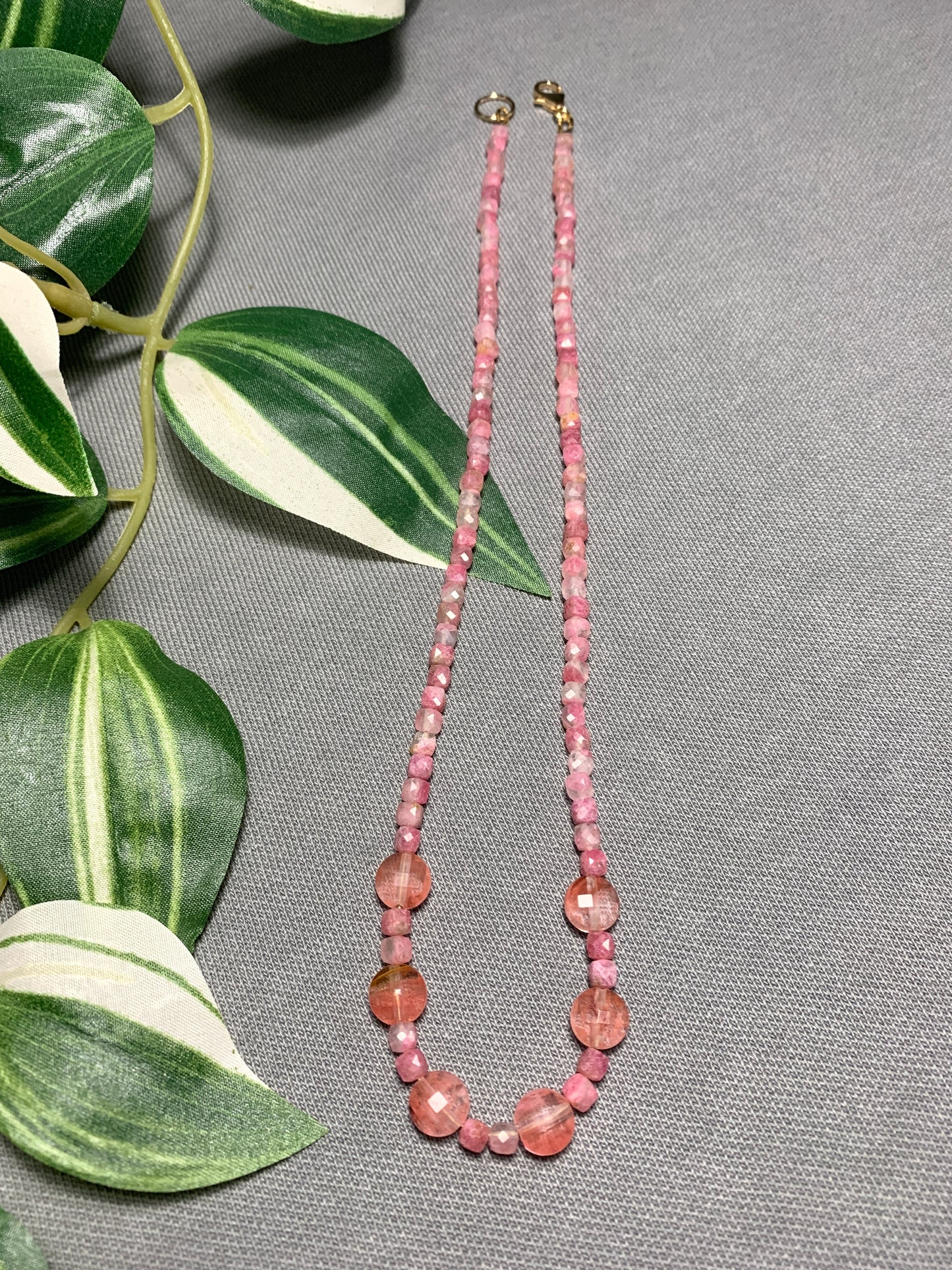 Rare Thulite Gemstone Necklace with Cherry Quartz