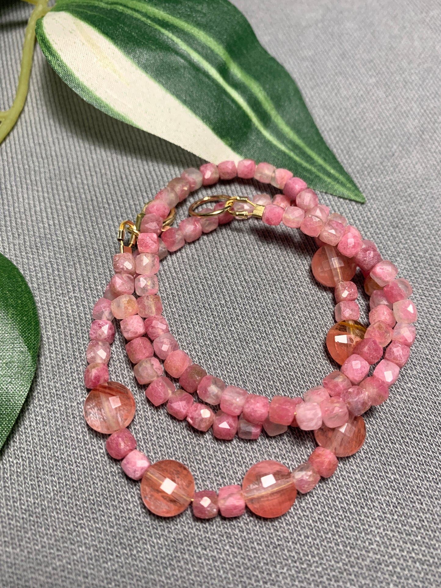 Rare Thulite Gemstone Necklace with Cherry Quartz